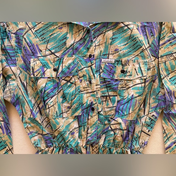 Caliche Vintage 80s Printed Design 3/4 Sleeve Pockets Collared Shirt Dress 12 - Picture 5 of 9
